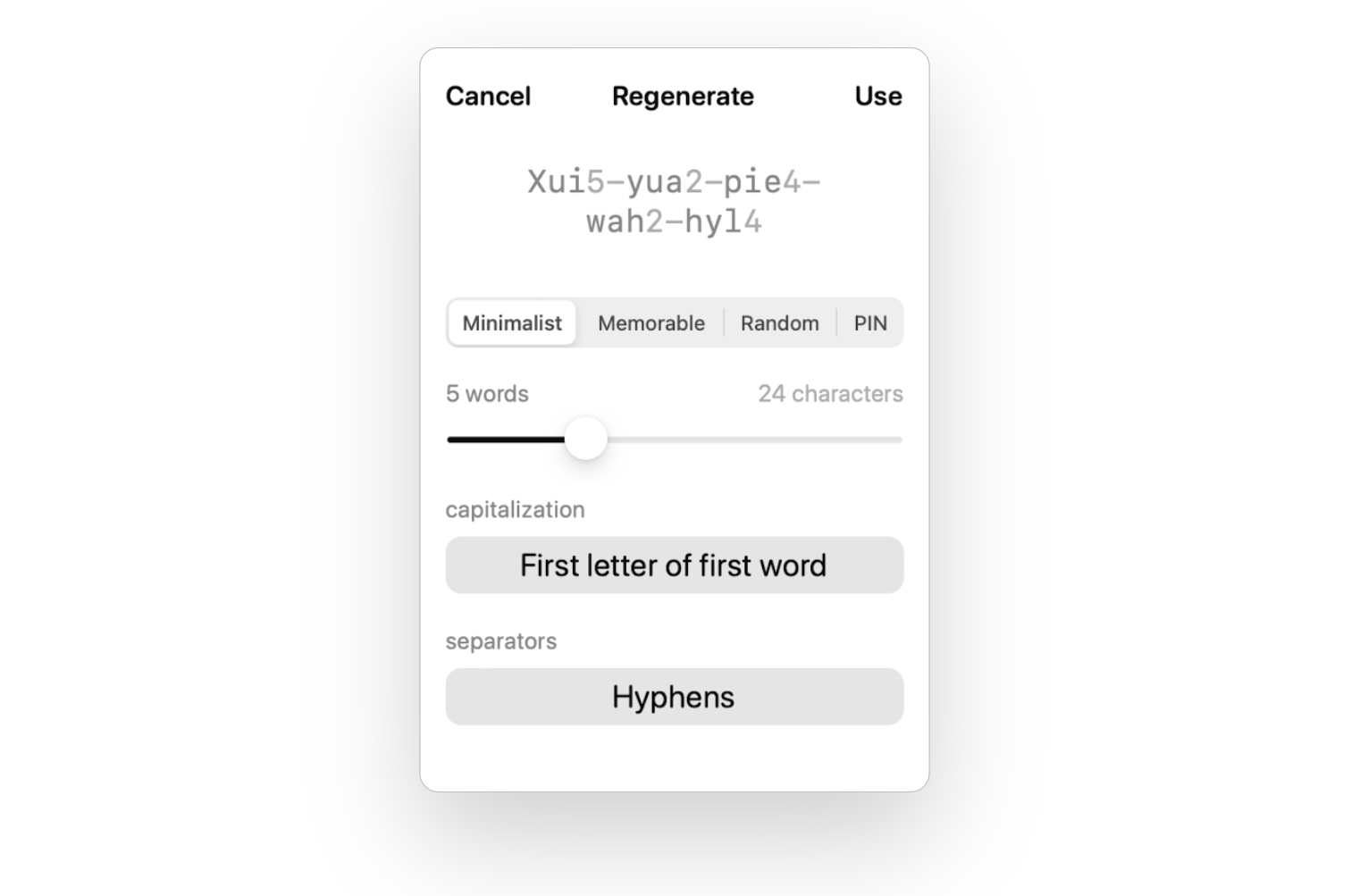 Password generator screen with various options